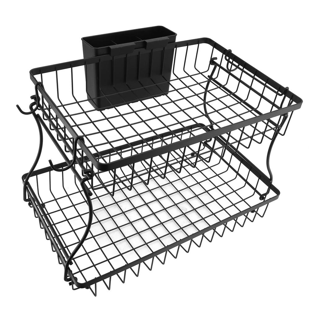 2 Tier Fruit Organizer with Basket and Hooks Detachable Storage Holder for Kitchen Vegetable Bathroom Supplies