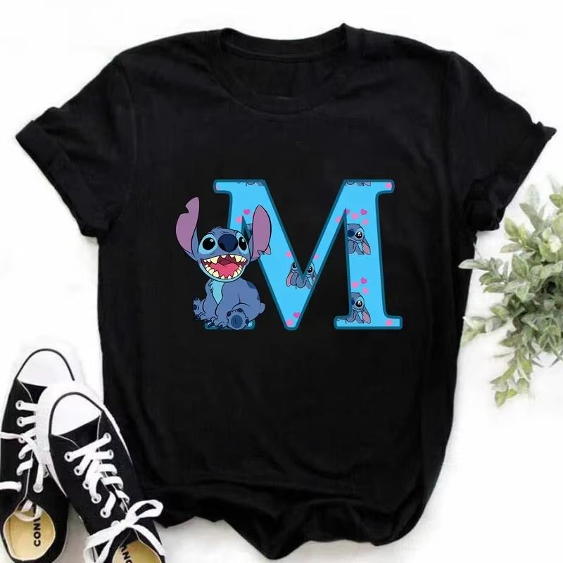 T-shirt pour femme Alphabet A-Z Kawaii Dessin Animé Imprimé Manches Courtes T-shirt Femme Disney Été Décontracté Vêtements Dessin Animé T-shirt