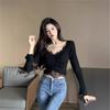 Pure Desire V-neck Lace Splicing Long-sleeved T-shirt Women's Autumn Sexy Exposed Navel Short Tight Top with Pleated Bottoming Shirt