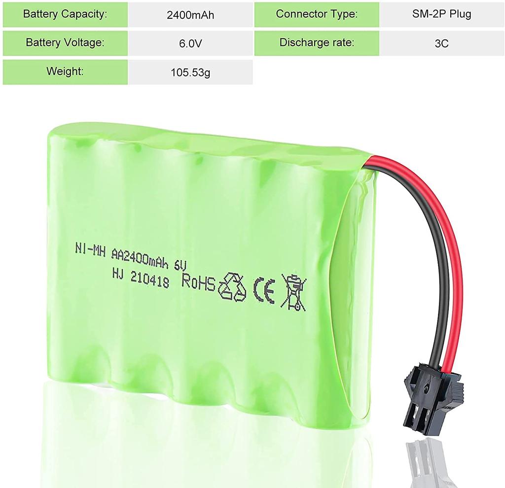 Rechargeable Ni-MH Battery 6V 2400mAh for RC Cars | Includes USB Charging Cable | Long Runtime Over 18 Minutes | Green