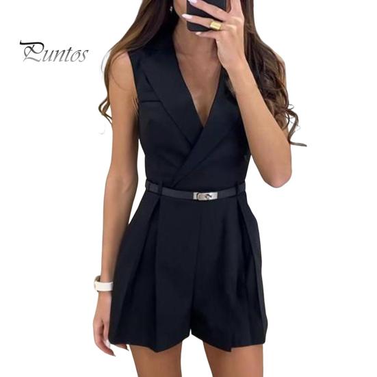 

Женский летний комбинезон с отложным воротником и V-образным вырезом, однотонный плиссированный комбинезон без рукавов, приталенный крой, формальный стиль, мягкий комбинезон длиной выше колена (Ремень Нет L чёрный