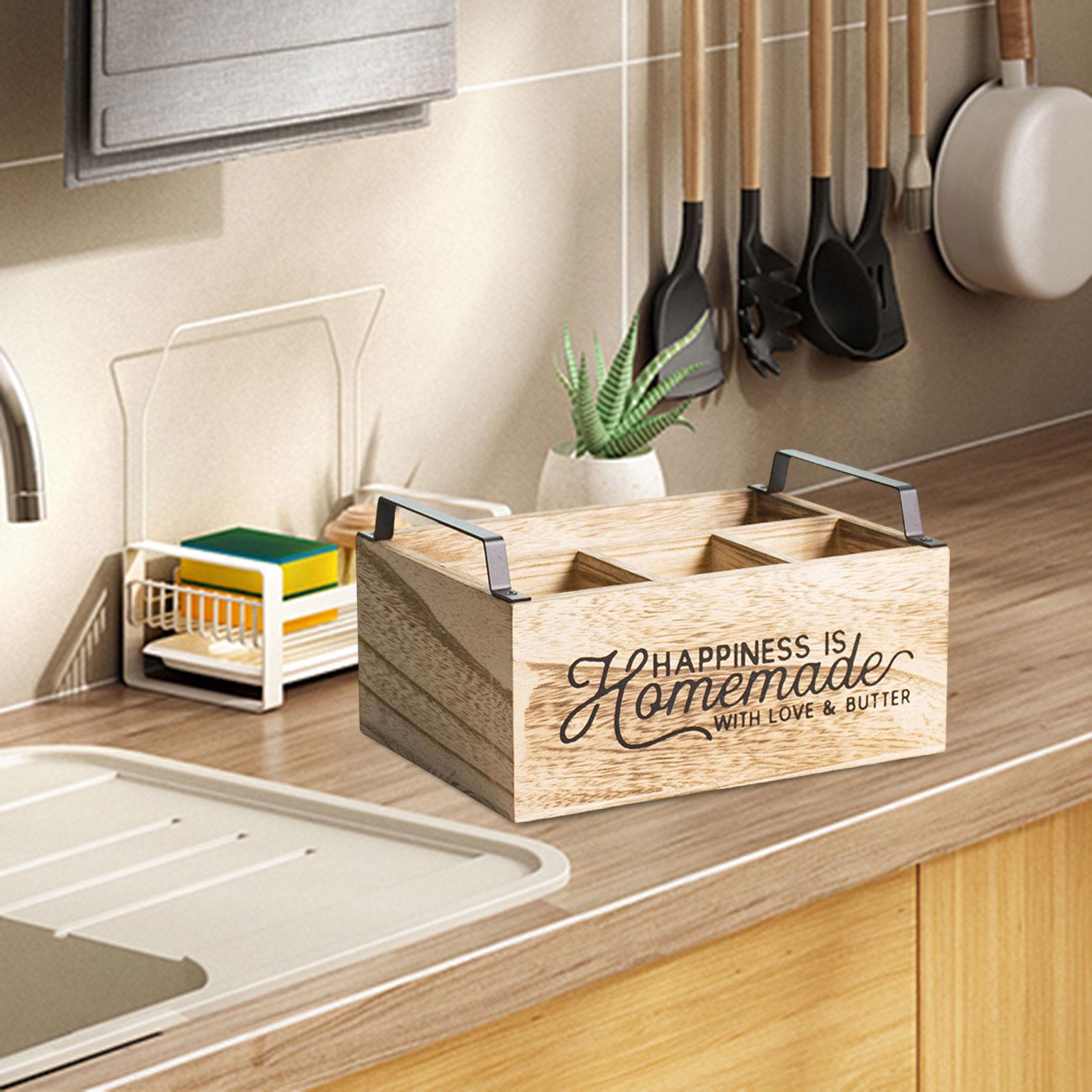 Kitchen Utensil Holder Wooden Storage Organizer Box 4 Compartments Silverware