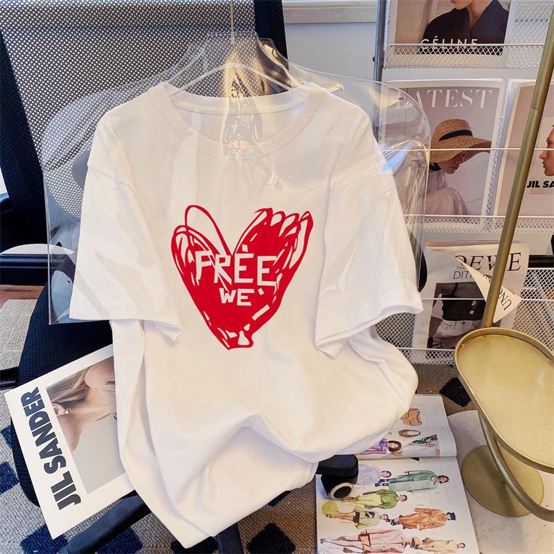 

Женская футболка с коротким рукавом из гребенного хлопка в корейском стиле - Удобная, Повседневная, Летняя одежда, Молодящая, Свободного кроя XL белый