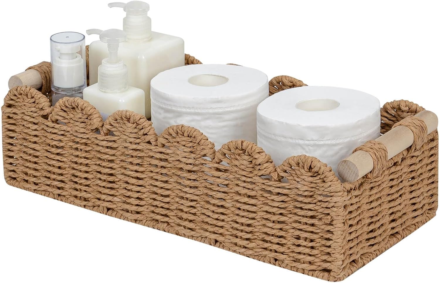 

Paper Rope Scalloped Edge Toilet Paper Storage Basket Home Decor for Over Toilet Storage Shelf End Table Shelves 2 Wooden Handle