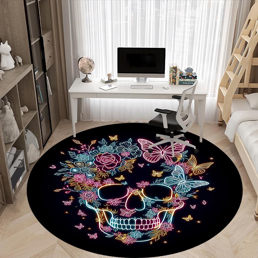 1pc Neon Skull Floral Design Chair Carpet for Office, Round Non Slip Durable Large Size Office Carpet, Suitable for Office