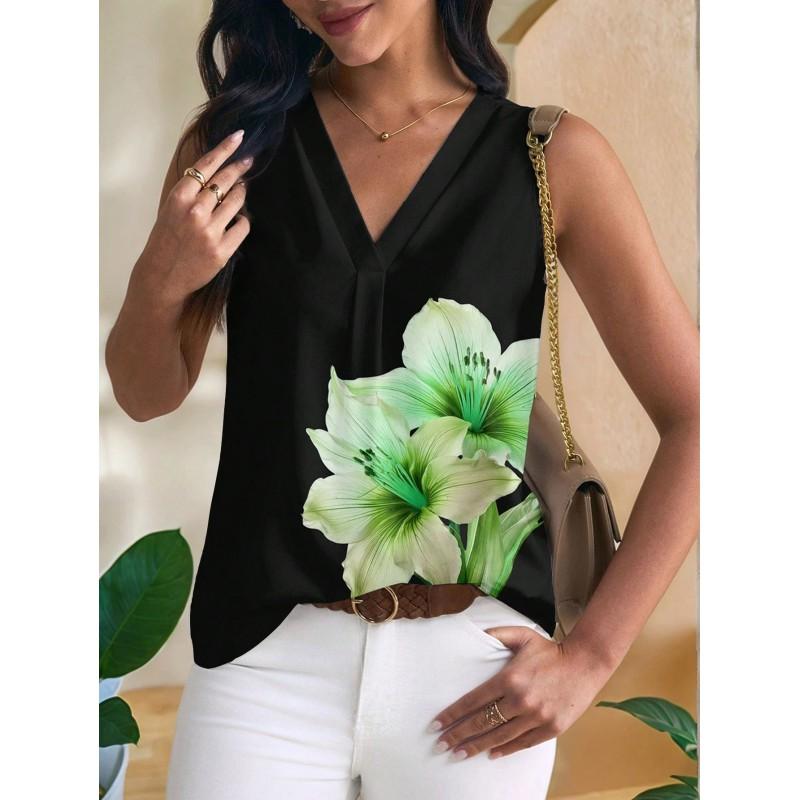 Womens Vintage Floral Print Sleeveless V-Neck Top Comfortable Casual Blouse Soft Cotton-Like Fabric 2025
