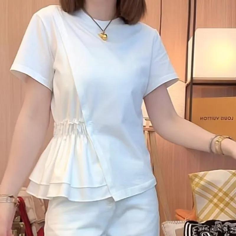 

Pure Cotton Large Size Irregular Pleated Round Neck Short-sleeved Summer New Slim Fashion Top for Women M белый