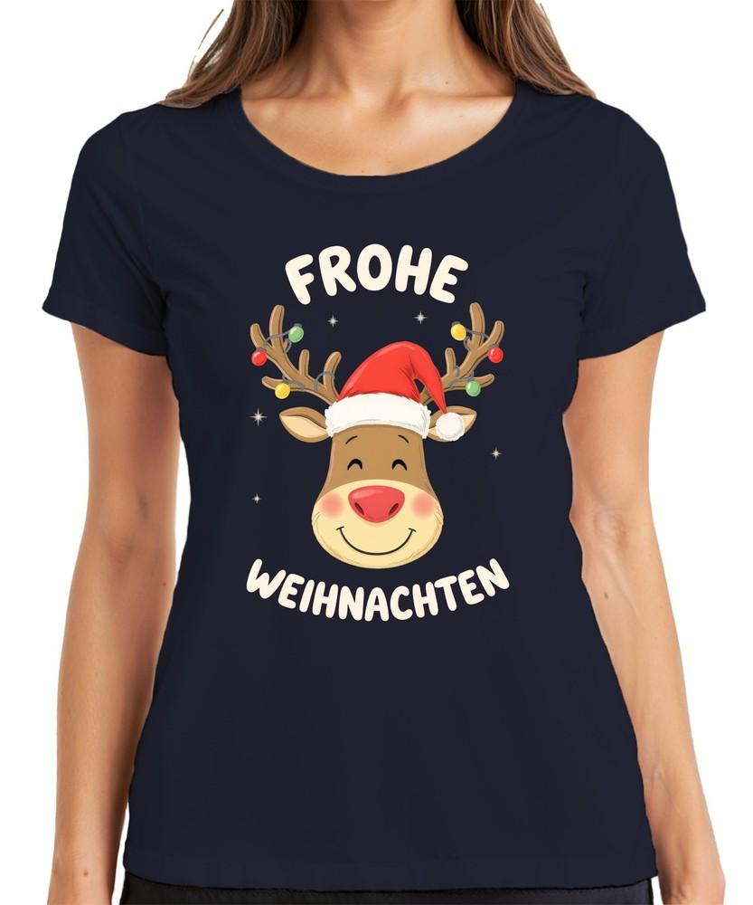 Merry Christmas Reindeer Santa Hat Cartoon Kids Funny Ladies TShirt S