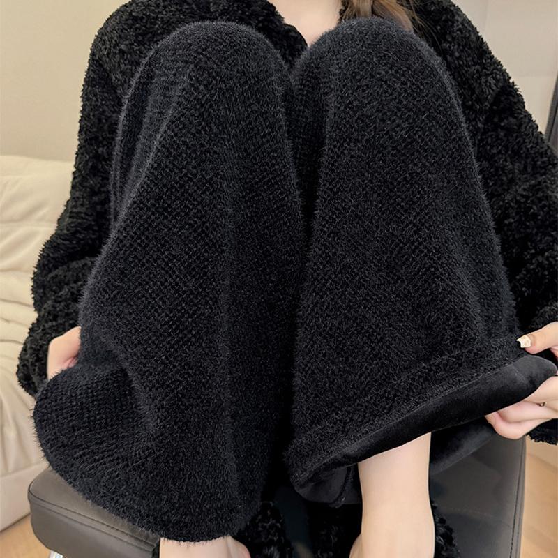 Kordelzug High Waist Plüschhose für Damen Winter Fleece Gerade Weiter Bein Lässige Hose Frau Locker Verdickt Warme Hose Mujer