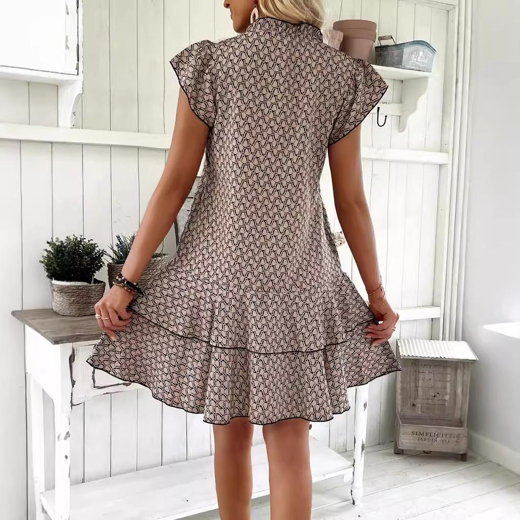 Bohemian Printed V-neck Tie Small Flying Sleeve Dress for Women