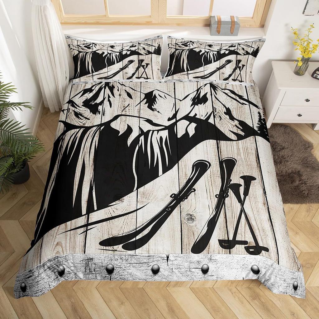 Ski Theme Duvet Cover Green Pine Cable Car Bedding Set Country Style Three-Piece Set
