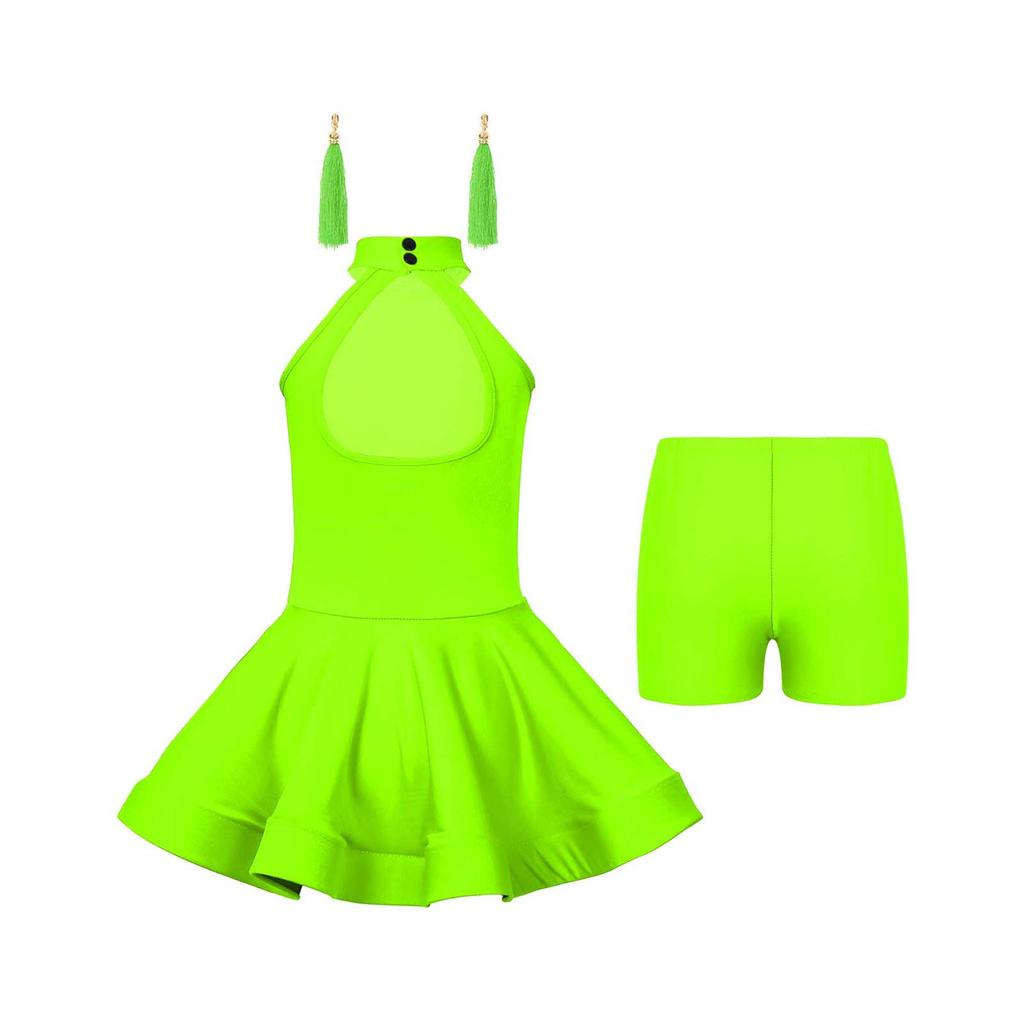 Girls Latin Dance Dress Rhinestone Hollow Back Design with Elastic Shorts and Tassel Earrings