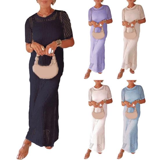 Women's Dress Cover Up Set Sleeveless Long Dress And Short Sleeve Knitted Hollow Cover Up