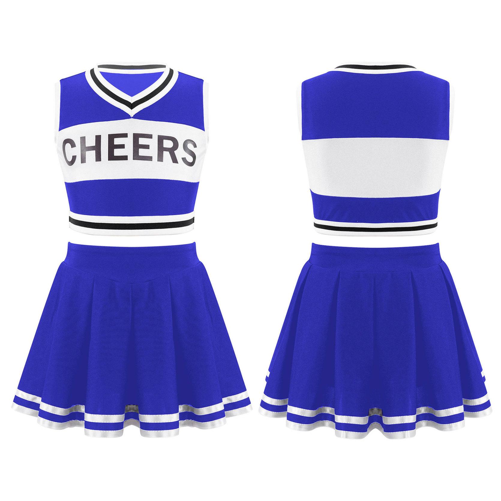 

Комплект без рукавов с V-образным вырезом и принтом Cheers для девочек, форма для косплея чирлидинга, детский костюм для танцевального выступления 3-4 Years королевский синий