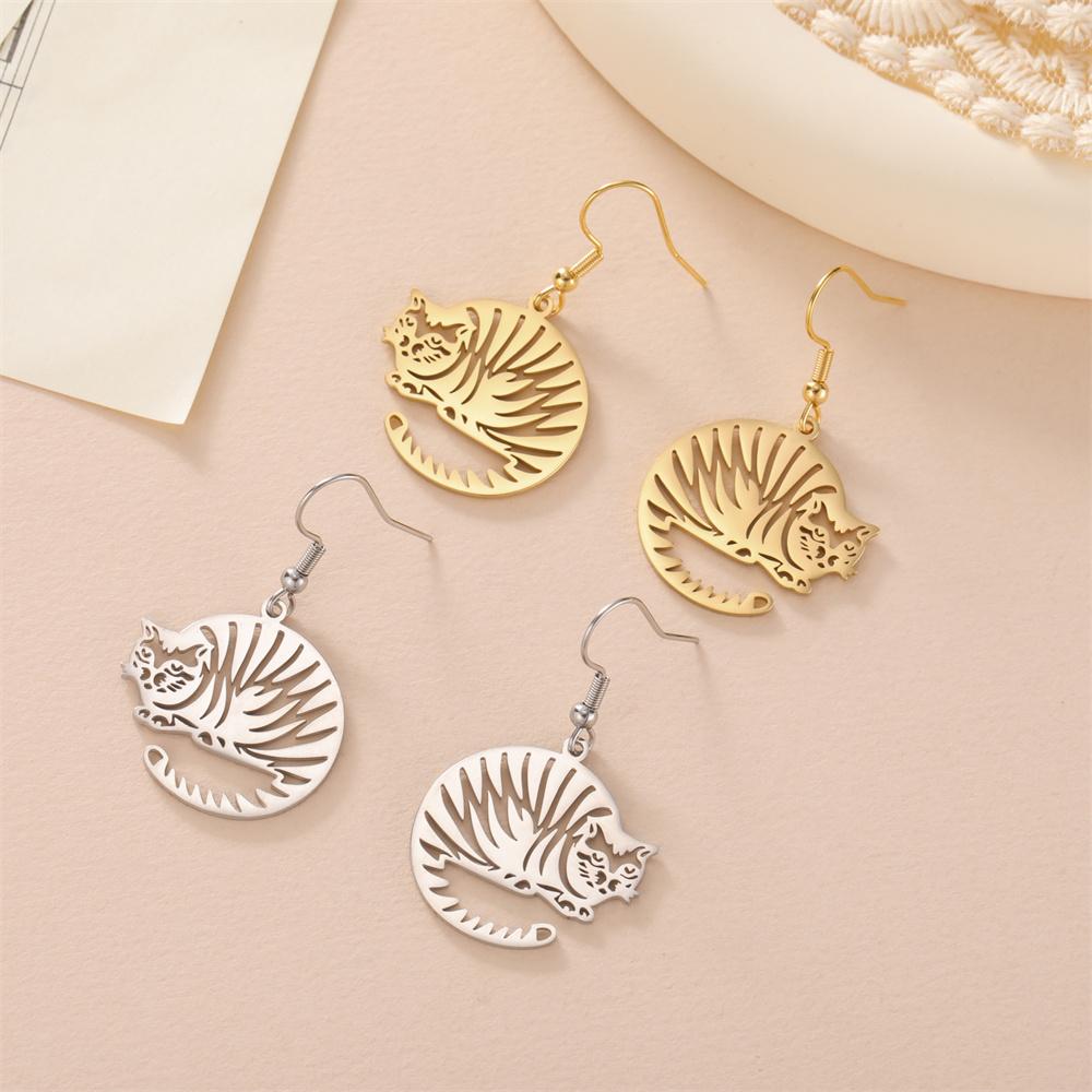My Shape Striped Cat Dangle Earrings for Women Tiger Striped Cat Drop Earrings Kitten Animal Pendant Stainless Steel Jewelry