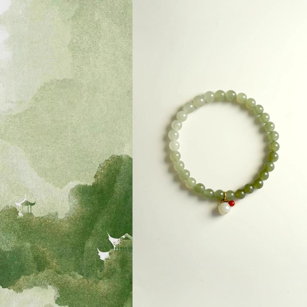 Natural Hetian Jade Gradient Bracelet In Blue and White, New Chinese Style, Artistic Retro Design, "Peace Every Year" Pure Silver Fortune Charm