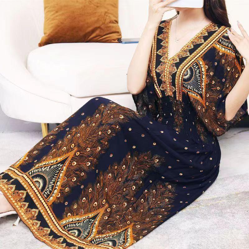Ethnic Style V-neck Cotton and Silk Short-sleeved Beach Dress Thailand Travel Dress Summer Print Vacation Floral Skirt