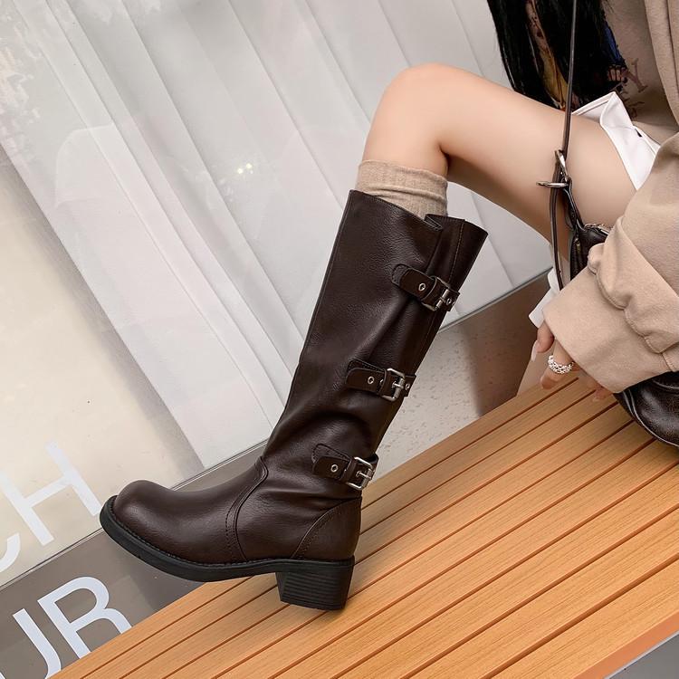 2025 autumn new round head but knee knight boots fashionable retro western boots high boots women