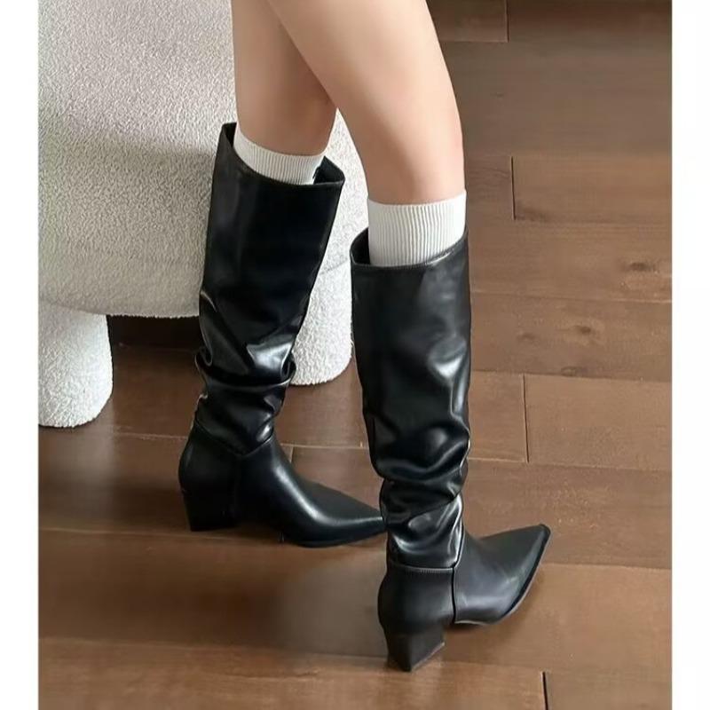 Nuovo Stile Stivali da Donna Punta Tonda Effetto Pieghettato Mezza Gamba Colore Castagna con Tacco Grosso Stivali da Cowboy Popolari Taglia Grande Zapatos Mujer