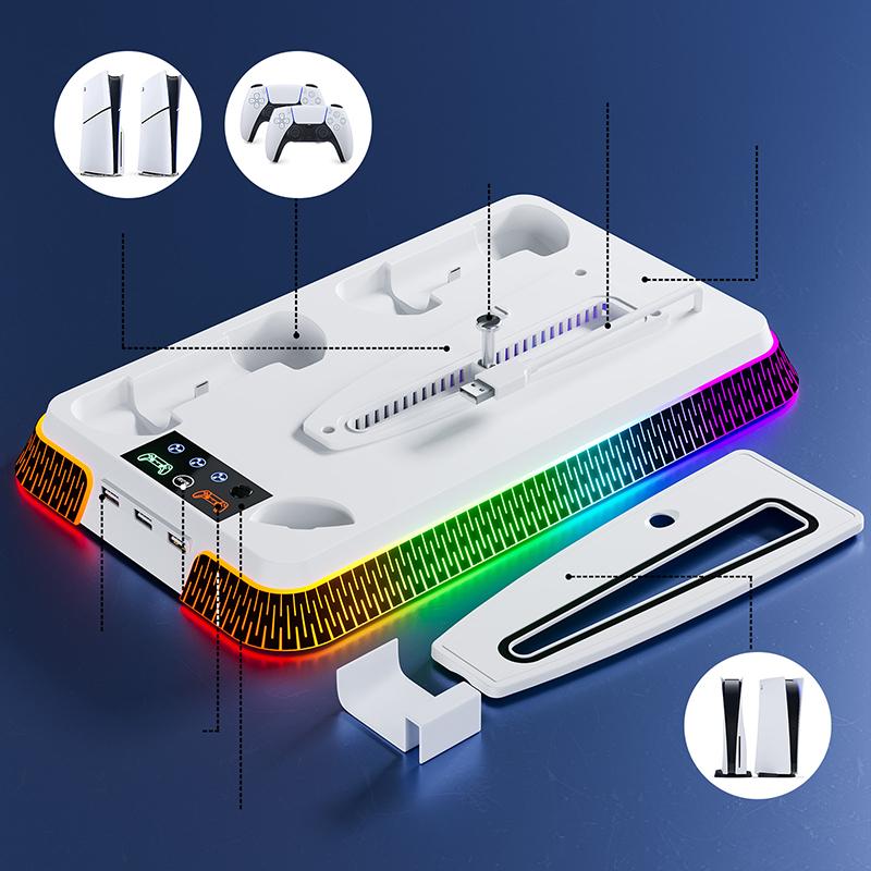 Multifunktionaler vertikaler RGB-Kühlständer für PS5/PS5 Slim/PS5 Pro – mit Controller-Ladestation, Headset-Haken und USB-Anschluss