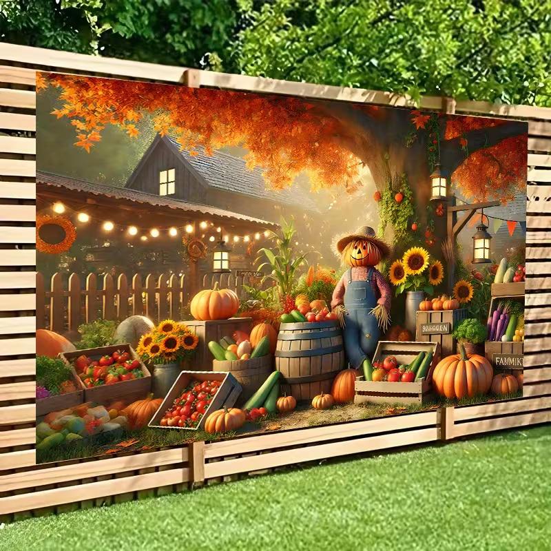 2D Flat Fall Scarecrow Pumpkin Harvest Farm Backdrop Autumn Photo Background