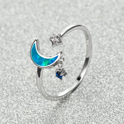 Rose Gold Star Moon One White Diamond One Blue Diamond Womens Versatile Ring