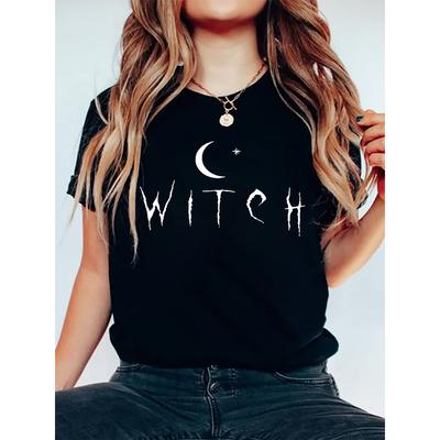 WITCH Alphabet Print T-Shirt, Short Sleeve Crew Neck Casual Top Summer and Spring, Women's Clothing
