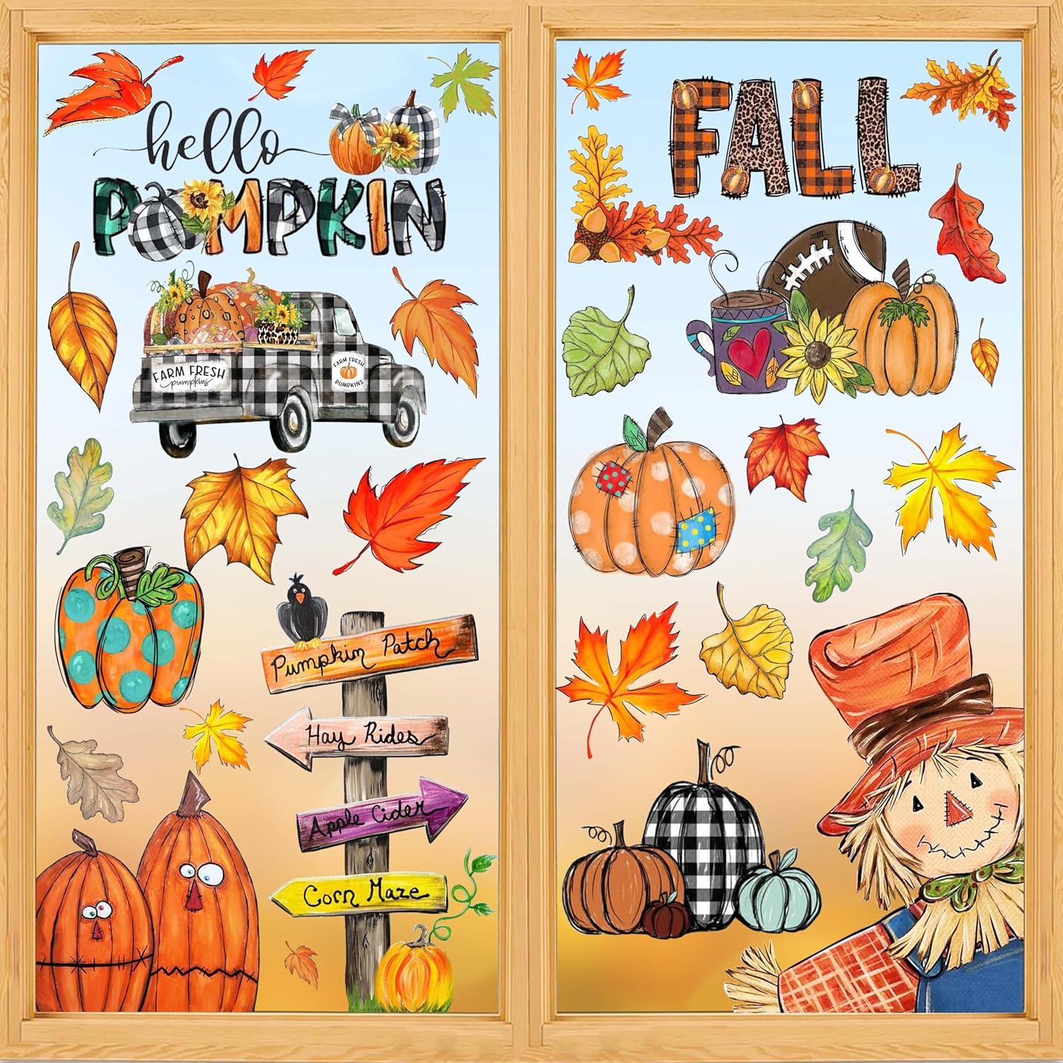Fall Window Clings Decorations for Glass Fall Watercolor Pumpkin Maple Leaves Scarecrow Truck Window Stickers for Autumn Thanksgiving Harvest Party