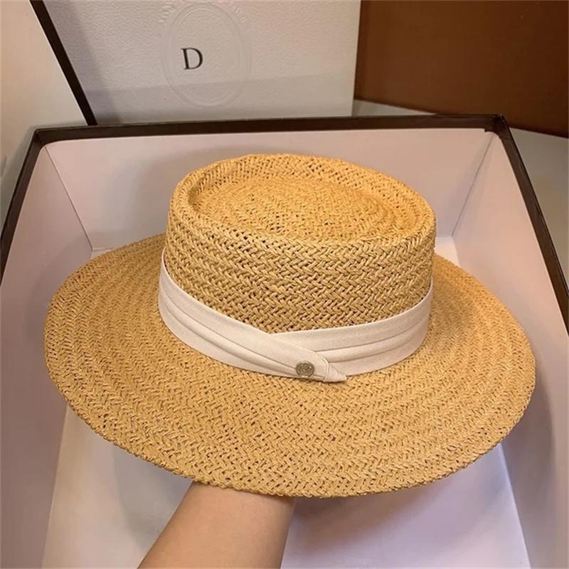Boater Straw Hat wide brim French elegant square ribbon women's sun hat holiday straw hat