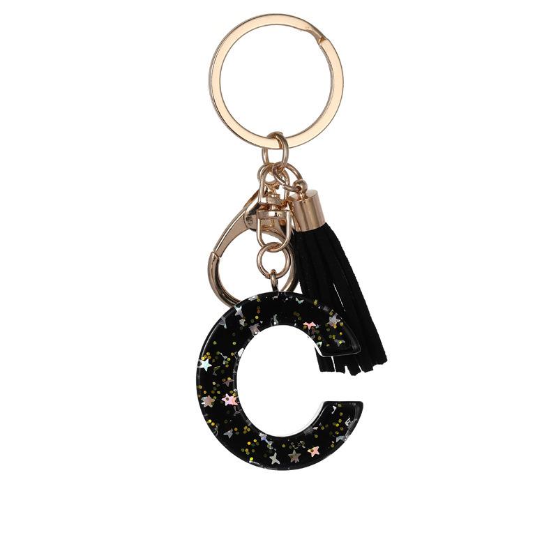 Black Glitter Star Sequins Resin 26 Letters Keychain Initials A-Z Keyring Tassel Charm Accessories Backpack Hanging Decoration