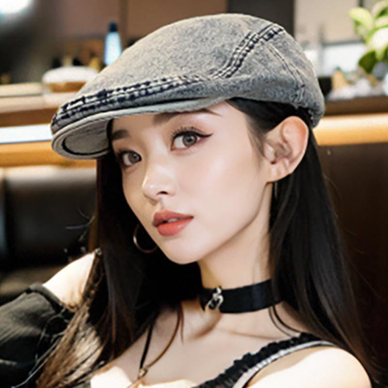 Denim Beret Women's Autumn and Winter New Big Head Circumference Can Be Worn In Reverse with Internet Celebrity Fashionable Simple Hat