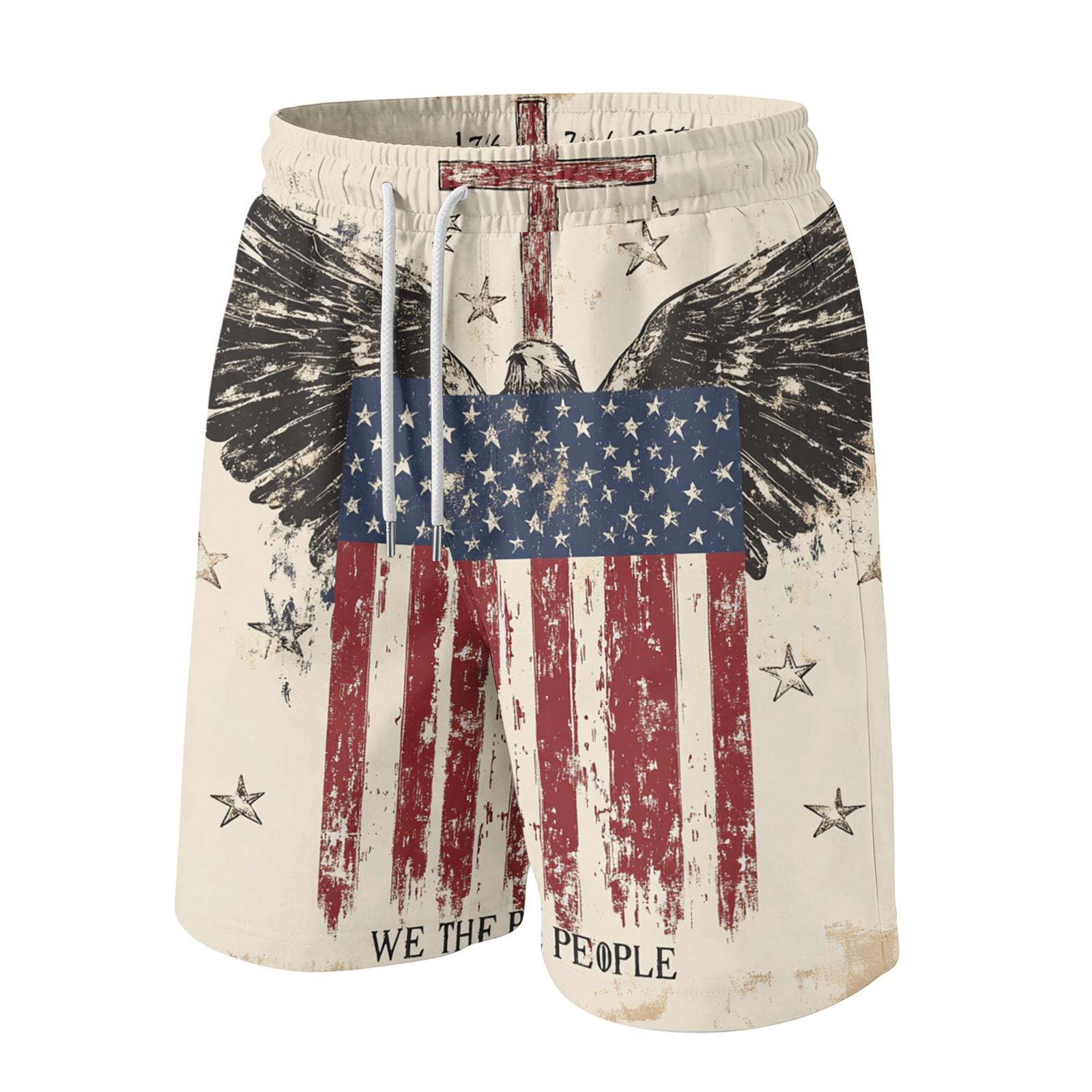 Men s Casual Drawstring Waist Shorts with American Flag Inspired Wing Print Relaxed Fit Lightweight Fabric M синий