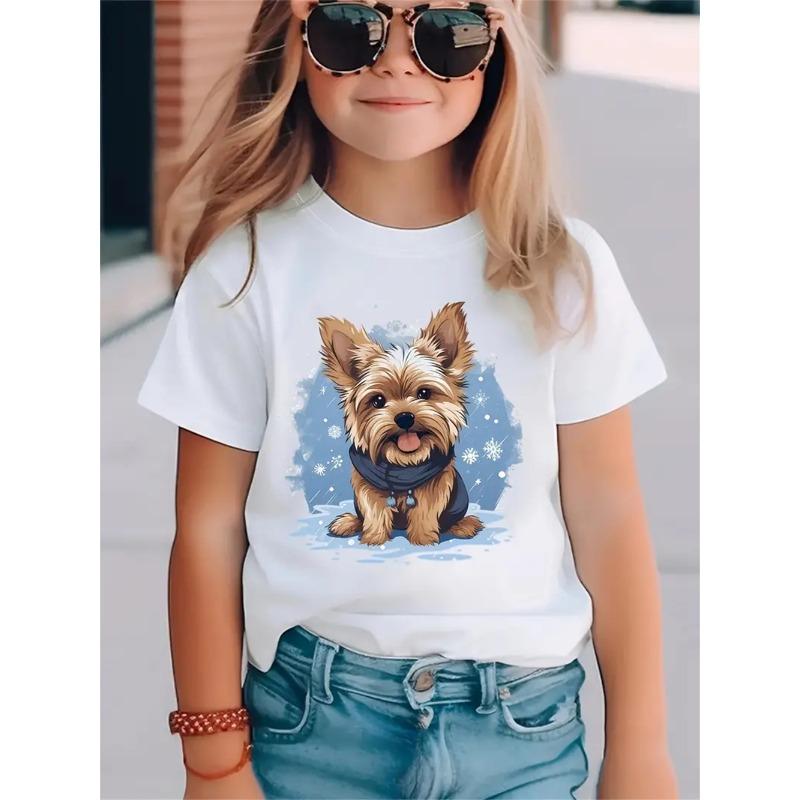 

Футболки для девочек с забавным принтом животных в виде собак в 3D-стиле, модные праздничные топы с короткими рукавами, повседневные футболки, одежда для девочек 140