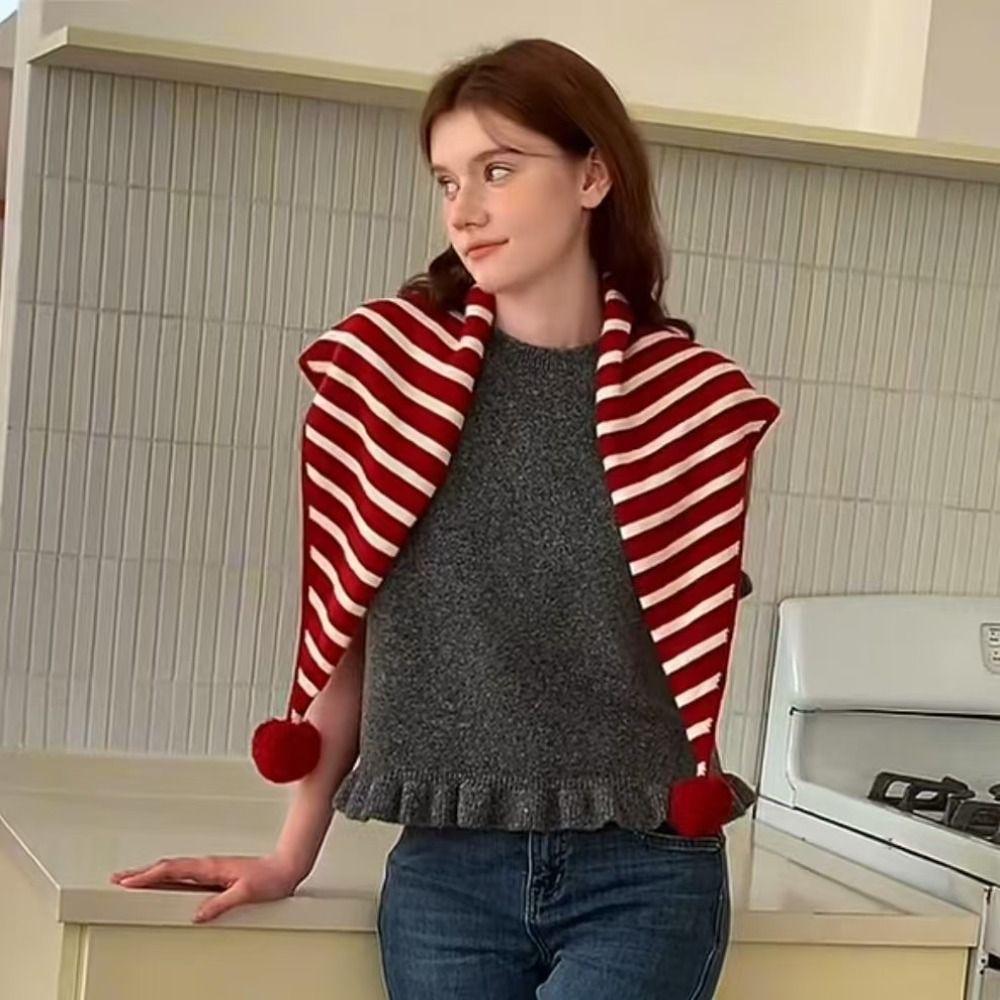 Karierter Dreieckiger Gestrickter Schal Verdickter Gestreifter Schal Einfache Winter Kaschmirschals Mädchen