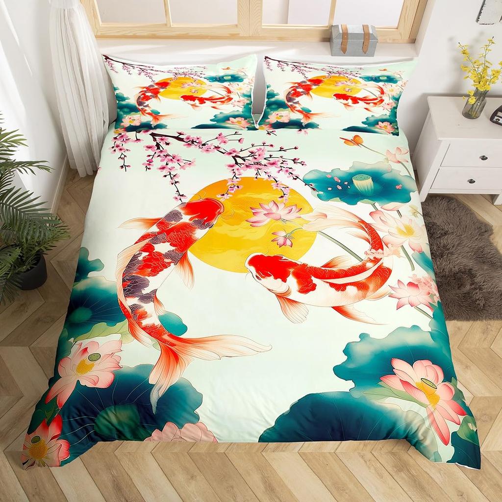 Koi Duvet Cover King Cherry Blossom Japanese Ukiyo-e Bedding Set Sakura Marine Animals Comforter Cover,Pink Romantic Quilt Cover