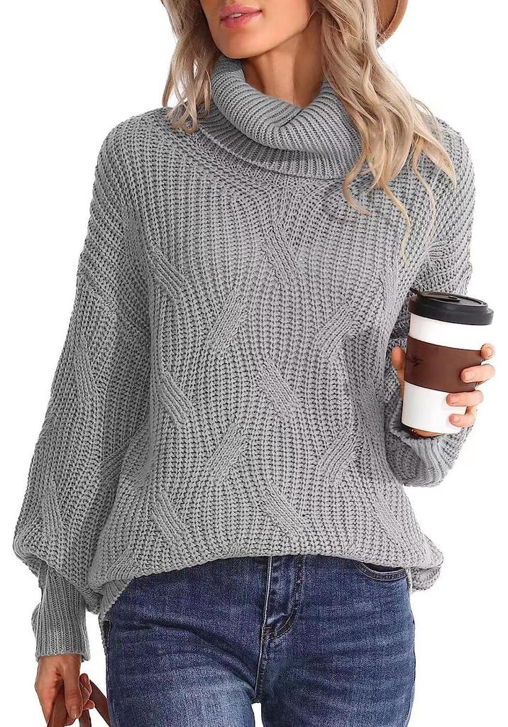 2026 Autumn/Winter Women's Loose High Neck Cable Knit Sweater Pullover