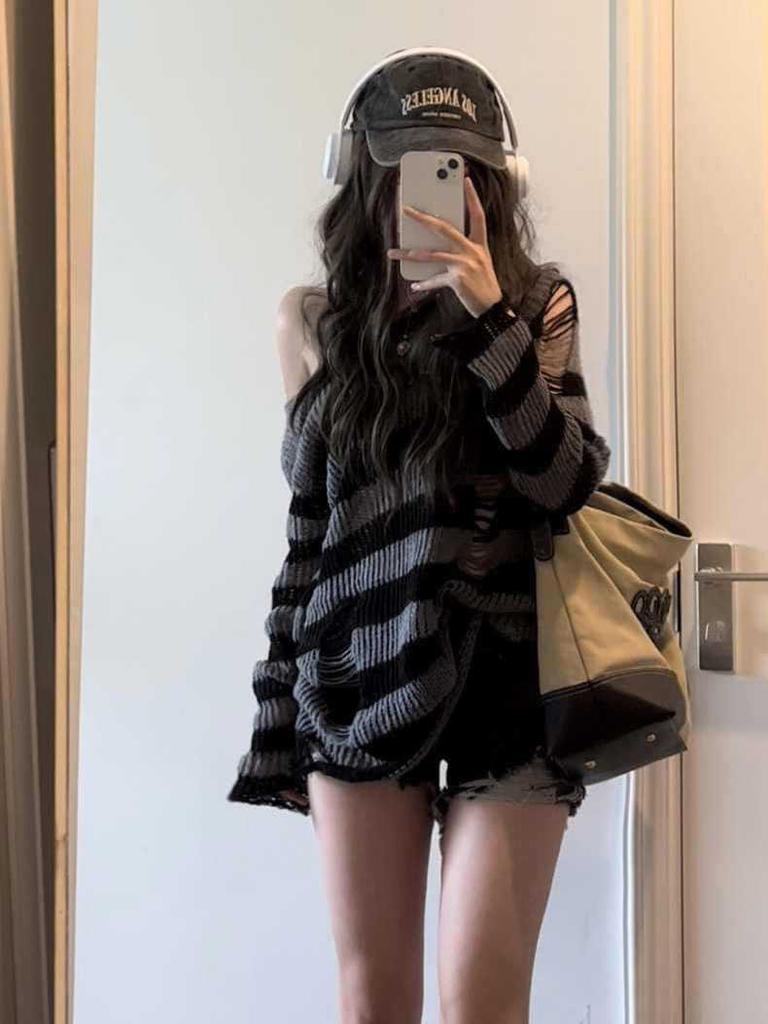 FiveFive Deeptown Gothic Streetwear Striped Knitted Sweater Women Harajuku Punk Hollow Out Jumper Hole Loose All-match Tops Grunge E-girl