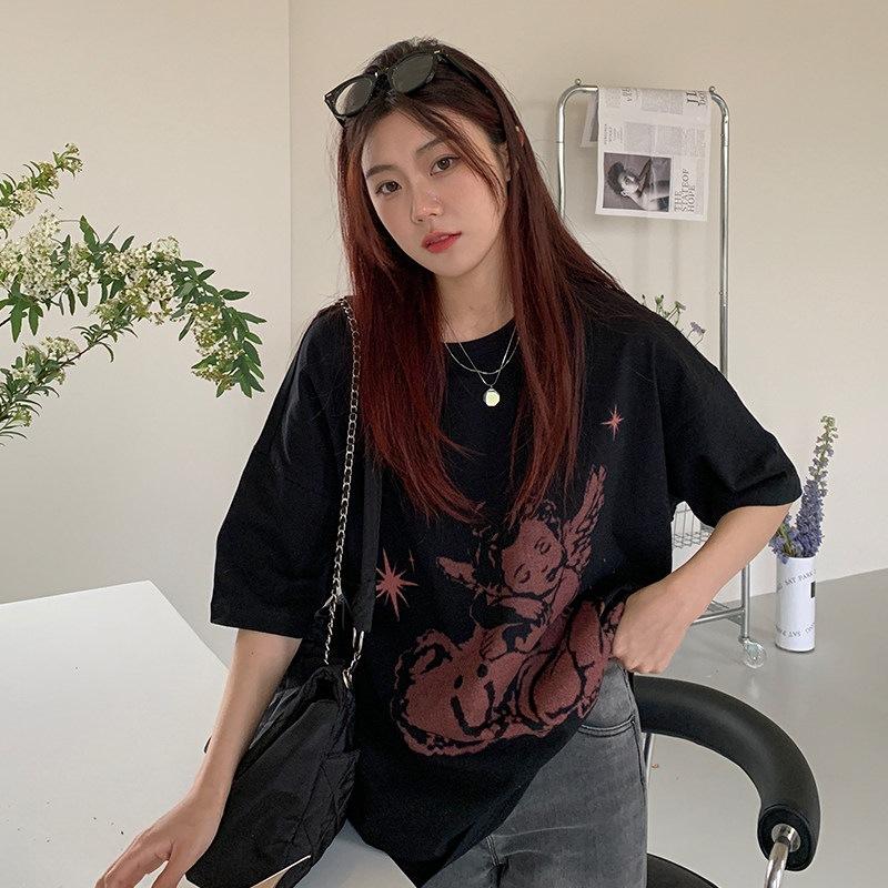 

Pure cotton shoulder back bag collar summer new angel print short-sleeved t-shirt women s top M чёрный