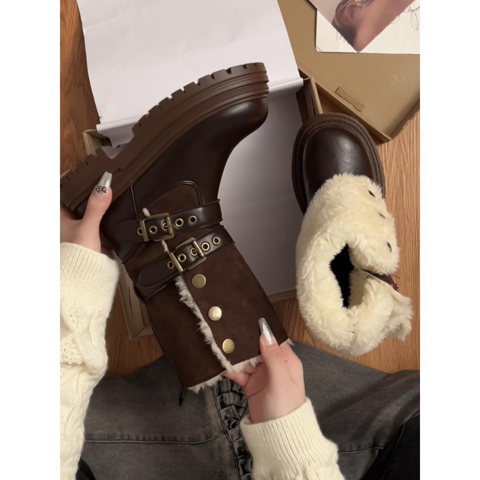 Brown Vintage British Thick-soled Fleece Martin Boots Warm Thickened Snow Boots 35