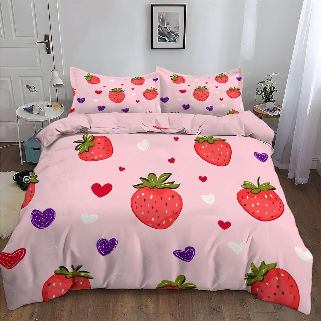 Girls Strawberry Bedding Set 2pcs, Soft Comfy Microfiber Fruit Geometry Reversible Duvet Cover with 1/2 Pillow Cases 75*50CM
