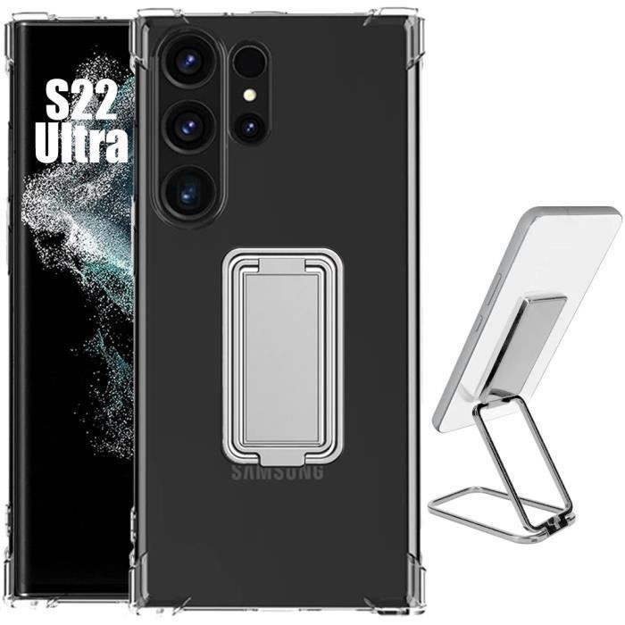 Coque pour Samsung Galaxy S22 Ultra - Antichoc Ultra Slim Transparent avec Support Réglable Métal Argenté