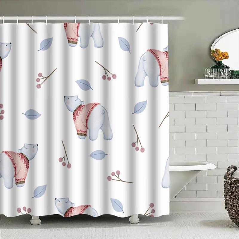 Winter-Themed Shower Curtain Featuring Cute Polar Bears Wearing Cozy Sweaters With Red Berries Leaves Design For Bathroom Decora