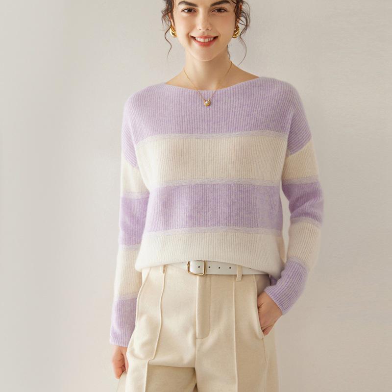 Women's Off-Shoulder Striped Cashmere Sweater - Long Sleeve Knit Pullover