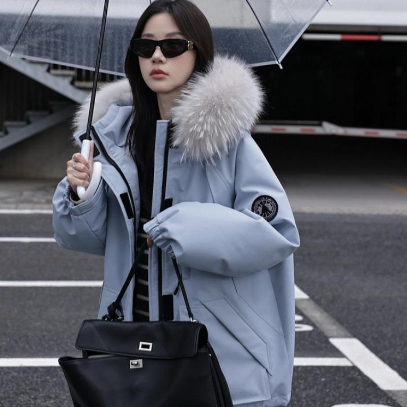 Blue big fur collar tooling Parker down cotton clothes women's winter new small man fleece thickened coat