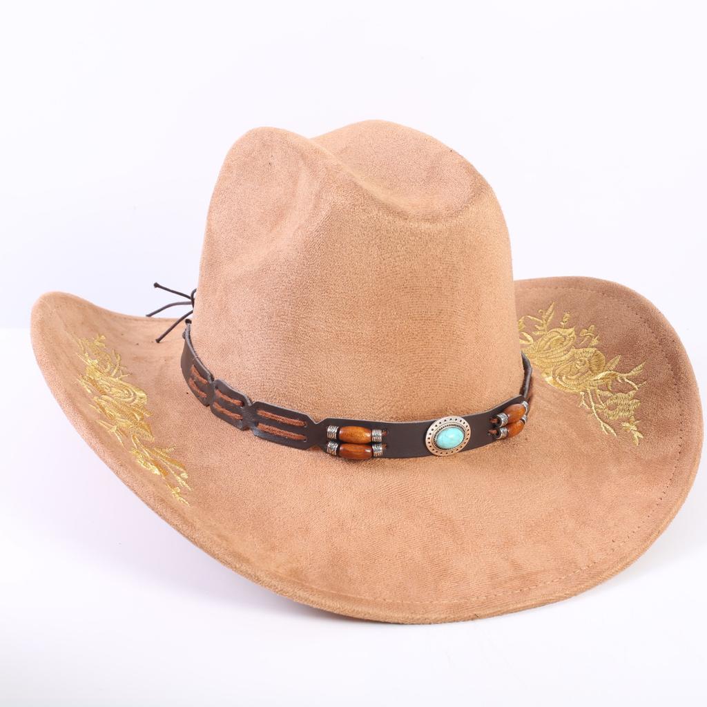 Beliebter europäischer und amerikanischer klassischer Wildleder Western Cowboyhut für Herren und Damen, großer Schirm, bestickt, Outdoor-Sonnenhut