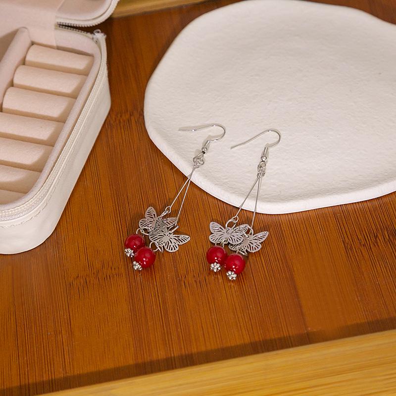 Korean Goddess Butterfly Tassel Clip-On Earrings with Red Pearls