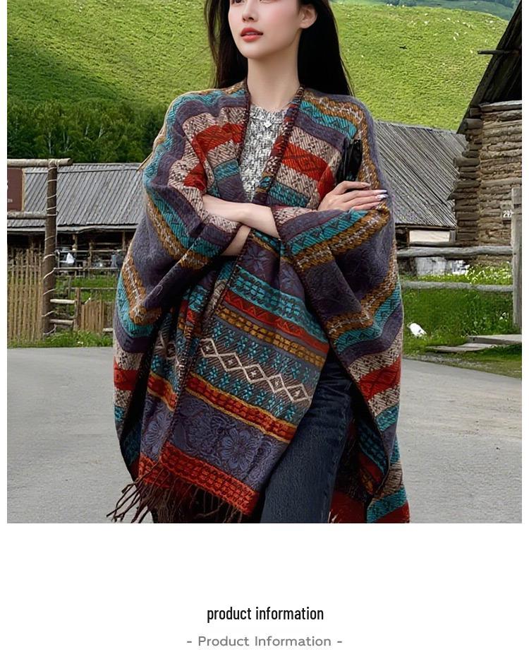 Ethnic Striped Cape: TikTok Trending Versatile Travel Shawl from Tibet & Yunnan - Warm & Stylish