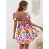Women Floral Print Mini Dress Square Neck Puff Sleeve Waist Casual Elegant Summer Party Dress