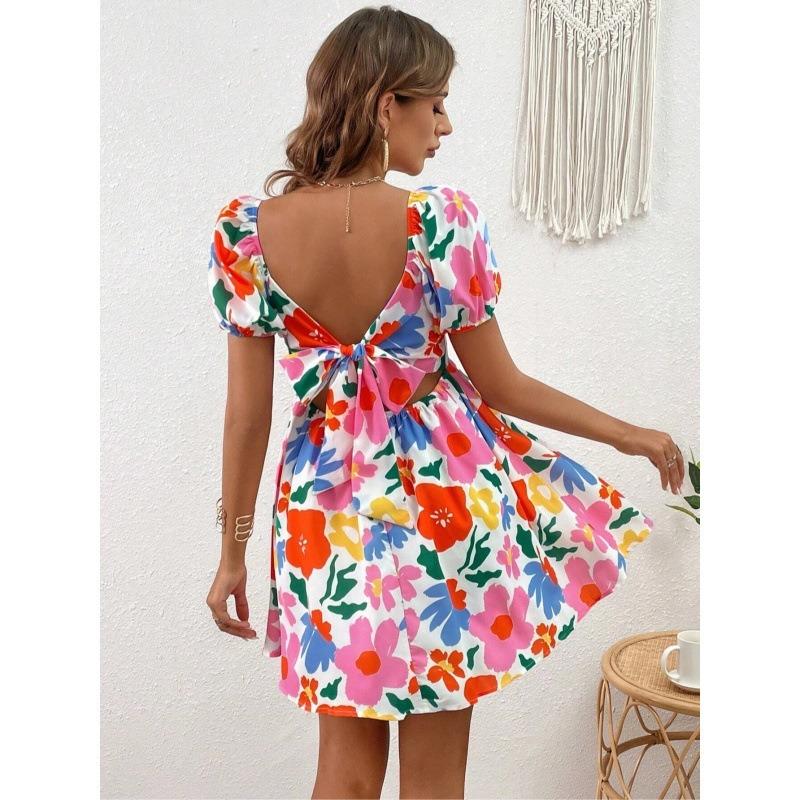 Women Floral Print Mini Dress Square Neck Puff Sleeve Waist Casual Elegant Summer Party Dress