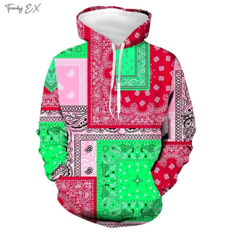 2024 New Sweatshirt Unisex Retro Bandana Print Cool Hoodies Fashion Patchwork Pattern Design Kangaroo Pocket Men's Sweatshirt
